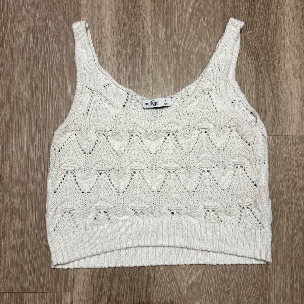 Hollister Ivory Openwork Knit Sweater Tank L Coastal Boho Y2K Crop